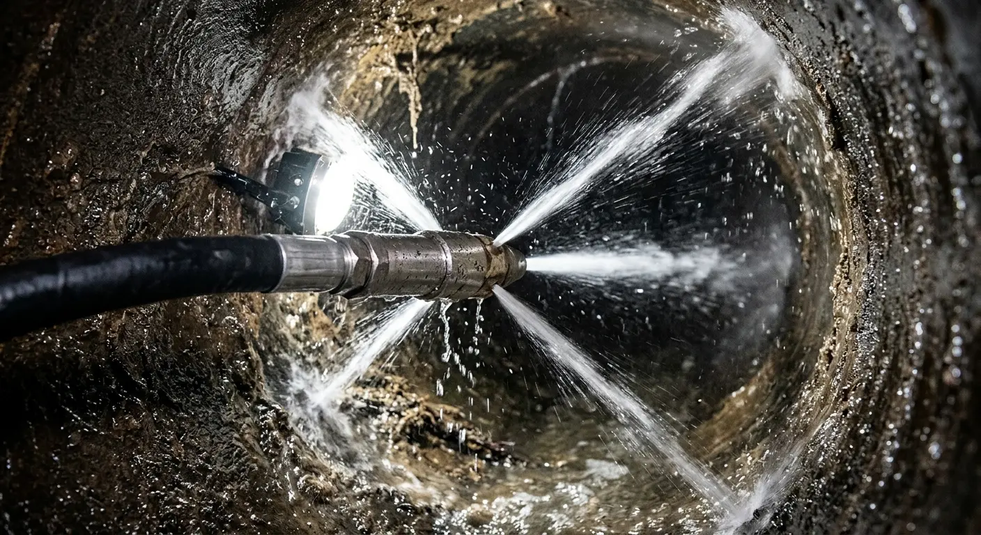 High-pressure hydro jetting nozzle cleaning sewer pipe for Sewer Cleanout in Kingsford