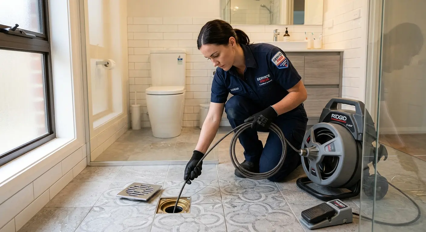 Technician clearing a bathroom floor drain for Drain Cleaning in Kingsford